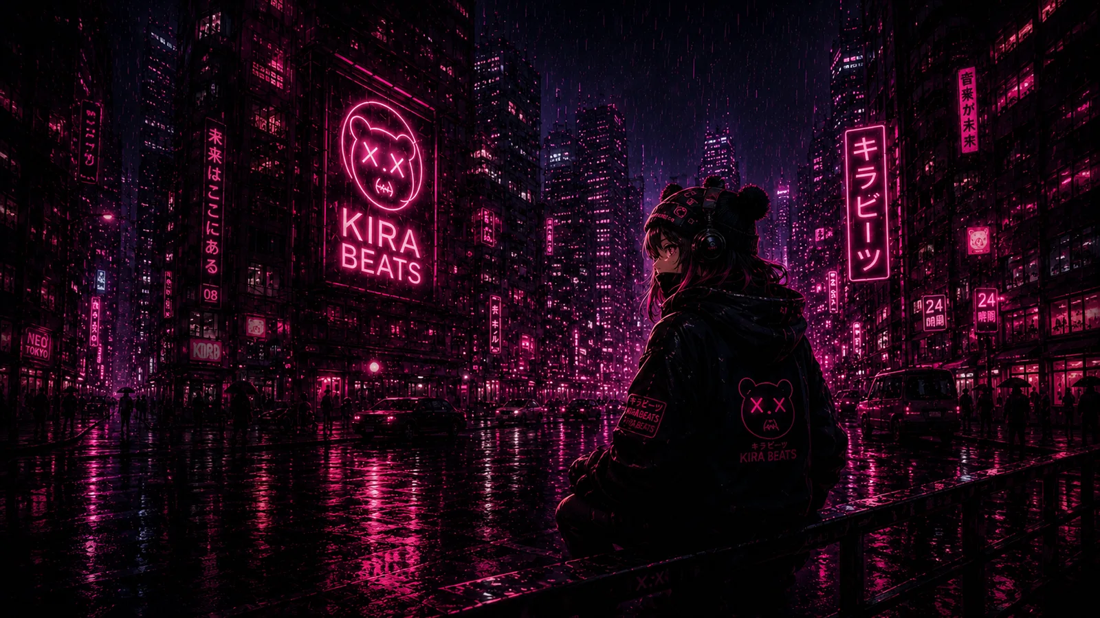 Kira con auriculares frente a una ciudad de neón rosa bajo la lluvia