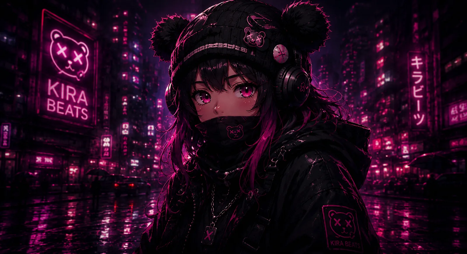 Retrato de Kira, el personaje virtual de Kira Beats, con auriculares y gorro negro