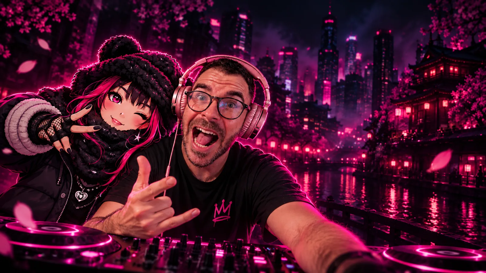 Pau con auriculares junto al personaje de Kira, frente a una mesa de DJ en una ciudad de neón