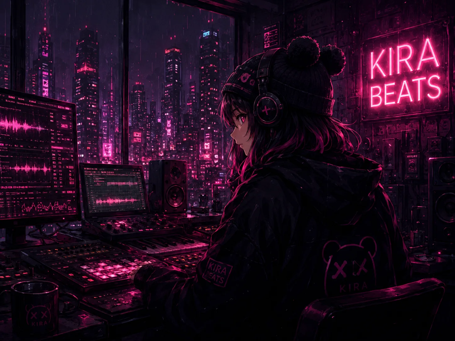 Kira creando música en un estudio con vistas a la ciudad